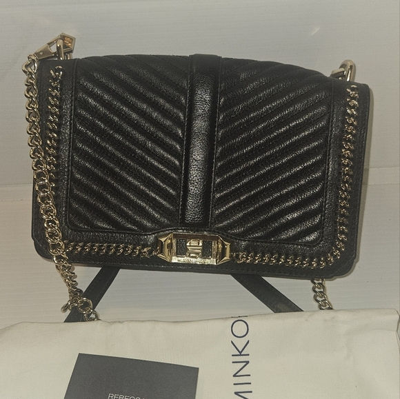 Rebecca Minkoff Love Crossbody Bag Black Chevron Quilted Leather with Gold Chain - Picture 12 of 16